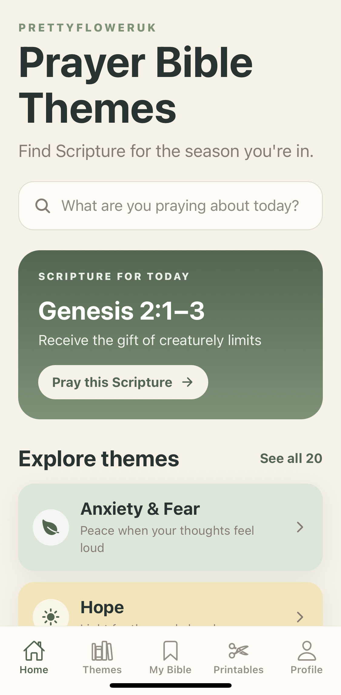 Prayer Bible Themes home screen with Scripture for Today and themed Bible study