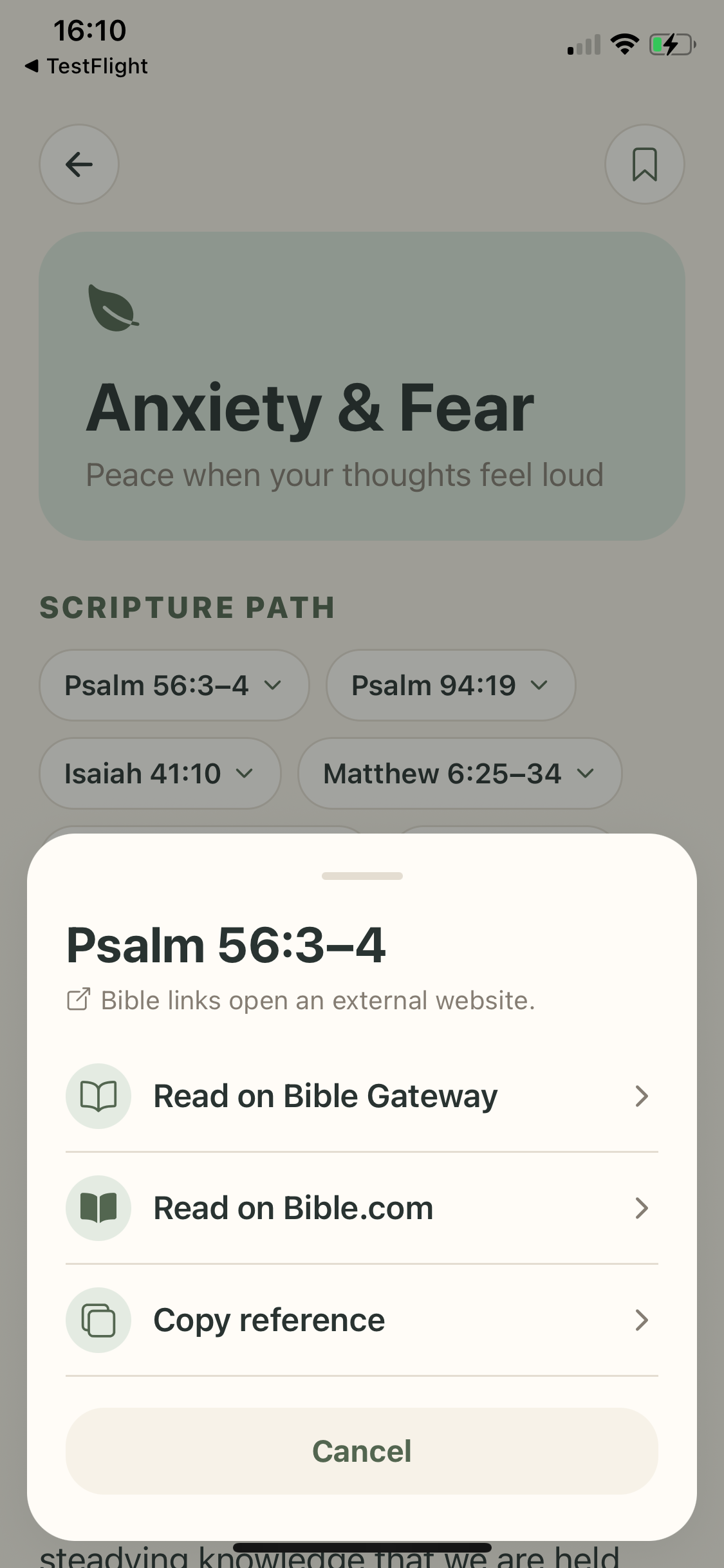 Scripture menu with Bible Gateway, Bible.com and copy-reference choices